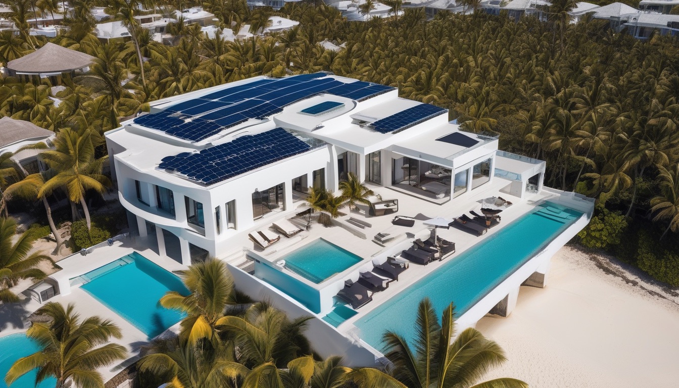 Aerial view of a modern white beachfront mansion with rooftop solar panels, an infinity pool, and palm trees