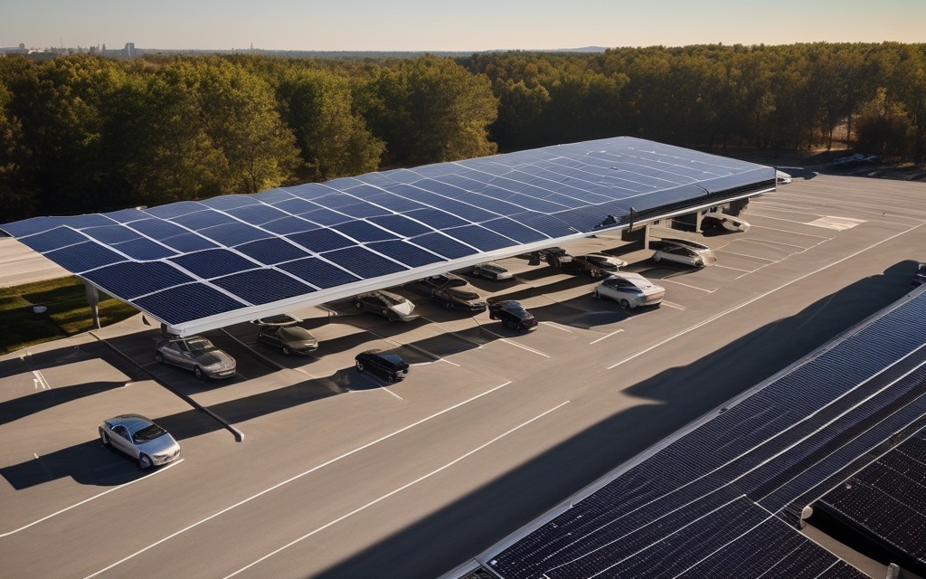 A commercial solar carport canopy of panels shading a parking lot on a sunny day