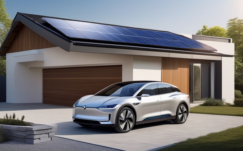 An electric car charging in the driveway of a modern home with rooftop solar panels