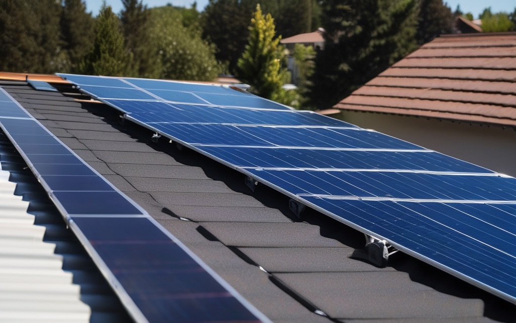 Rows of dark blue solar panels installed on a residential sloped roof under a clear sky